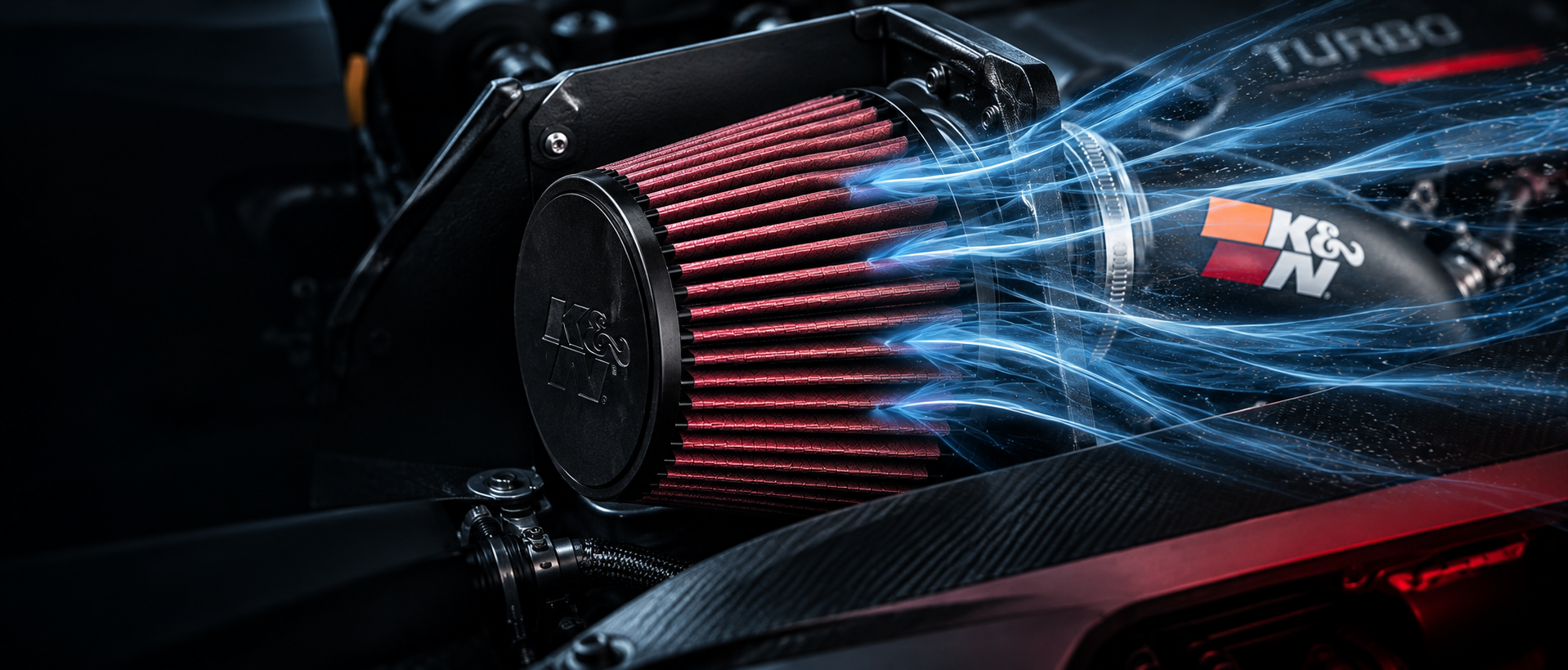 K&N conical performance air filter with blue airflow entering through the red pleated filter media